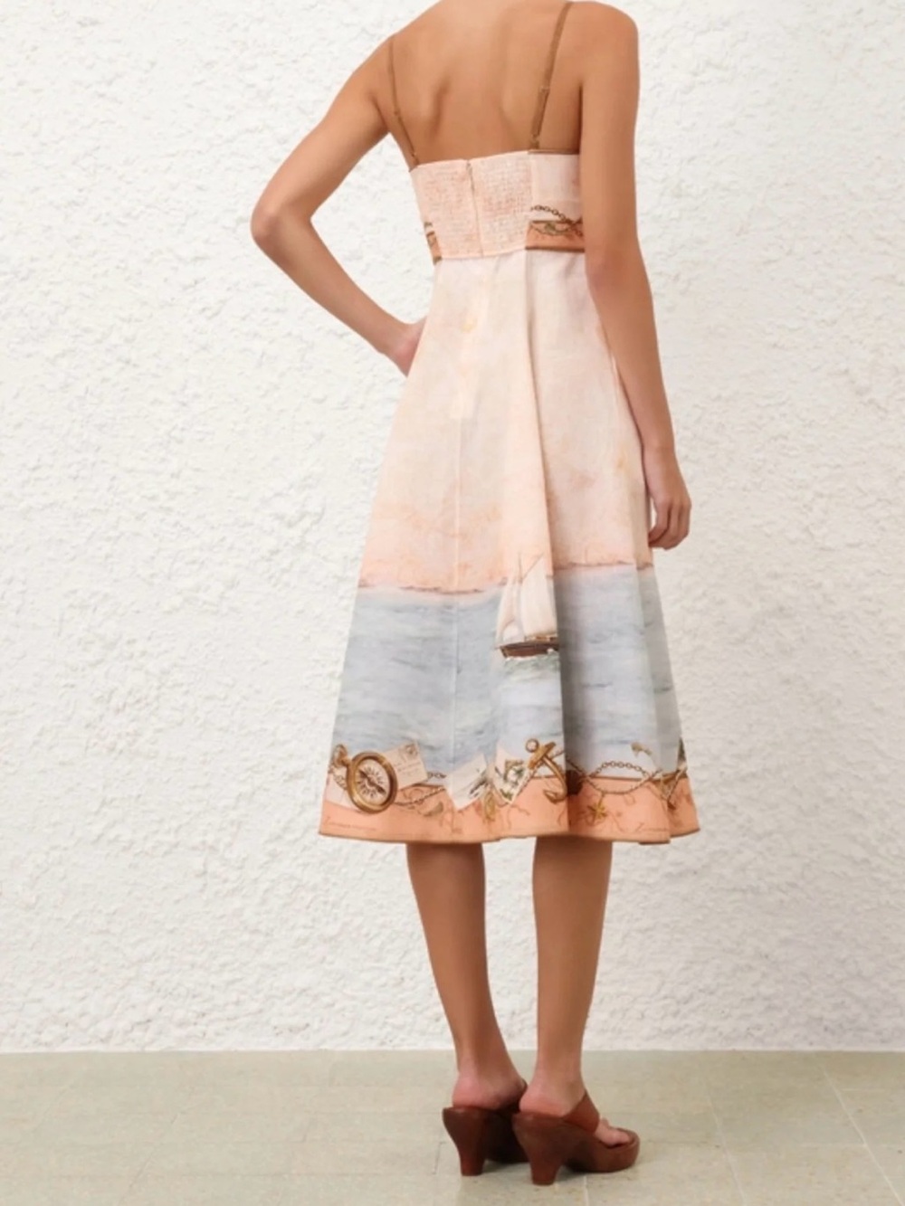 Scarborough Picnic Midi Dress In Peach Nautical Map 0 Authentic - Picture 7 of 8